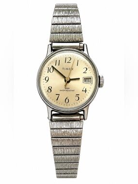 Vintage Timex Ladies Watch Silver Tone Stretch Band Date Quartz